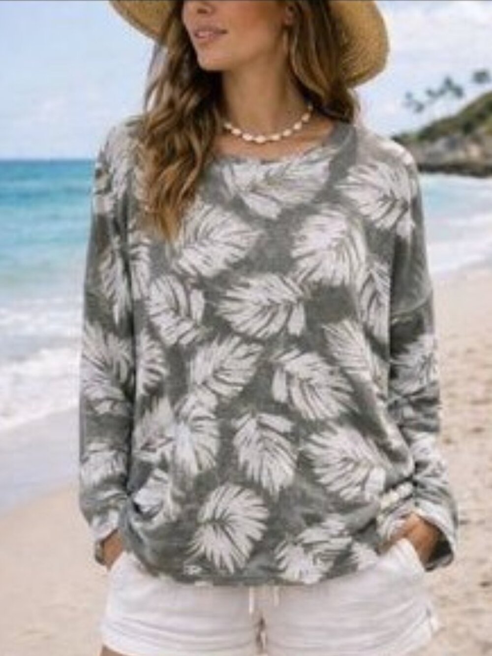 J. Jill Linen Blend Sweater Lightweight Palm Leaves Pullover Long Sleeve Sz SP